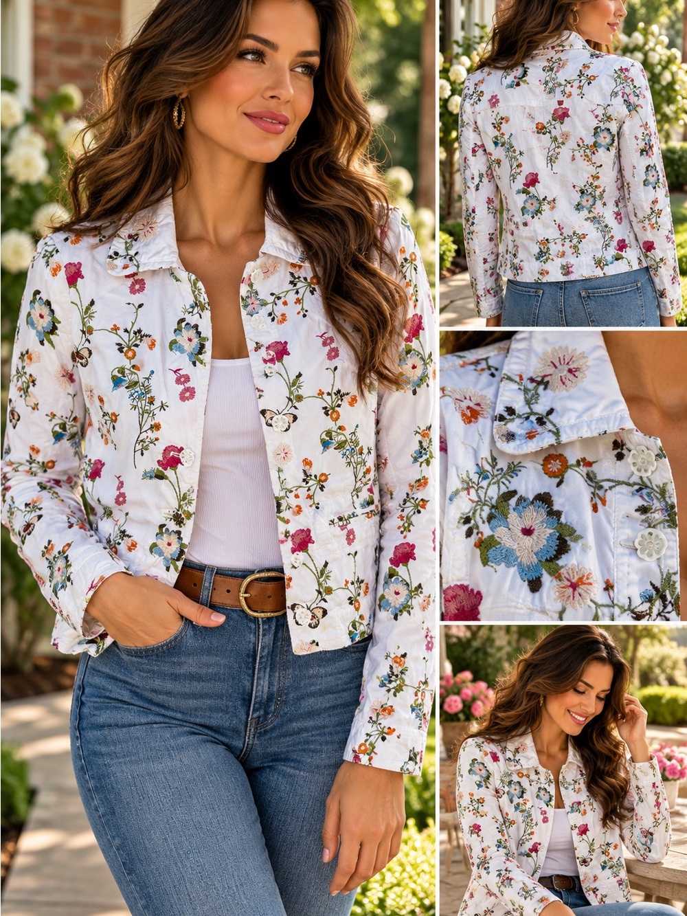 Johnny Was White Floral Embroidered Jacket Butterfly Boho Blazer S